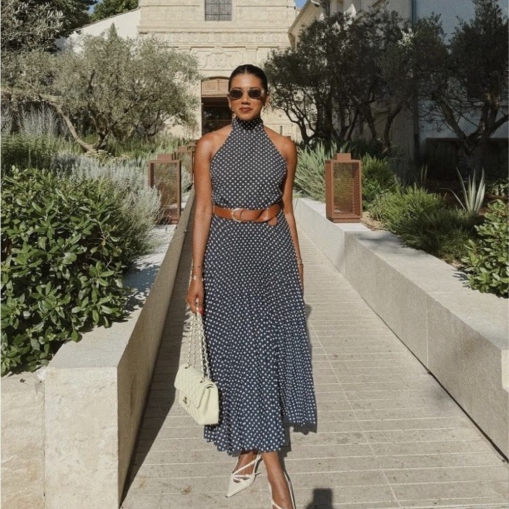 NWT Zara Women’s Polka Dot Midi Halter Dress Blue & White Belted XS 3555 - Picture 8 of 12